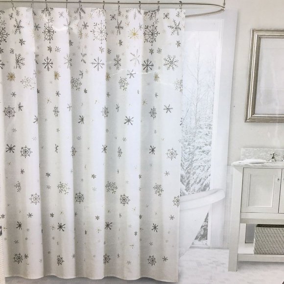 Envogue Shimmer Snowflake Shower Curtain Silver Gold Snowfall Christmas Holiday - Picture 3 of 5